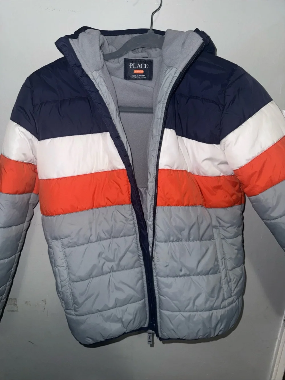 The Children's Place Navy White Orange Gray Striped Puffer Jacket